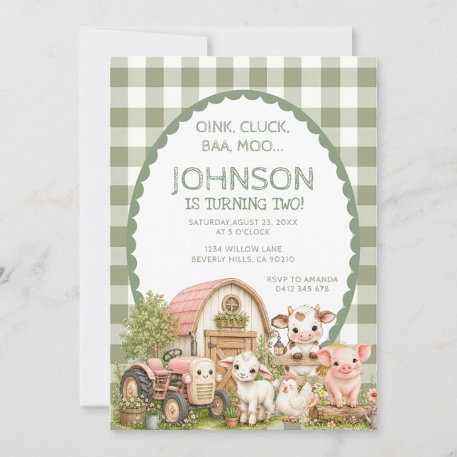 Grüner Gingham-Jungen-Stallparty-Tier Einladung (Vorderseite)