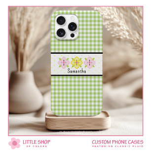 Grüner Gingham-Karo-Blumen-Monogramm Case-Mate iPhone Hülle