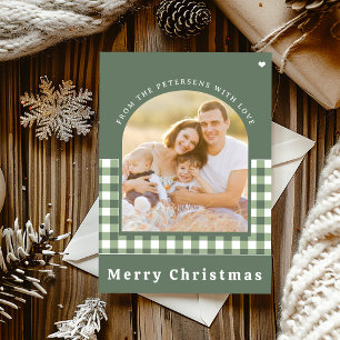 Grüner Gingham-Karo-Familienfoto Frohe Weihnachten