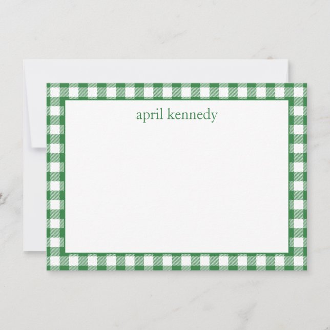 Grüner Gingham Karo personalisierte Flat  Mitteilungskarte (Vorderseite)