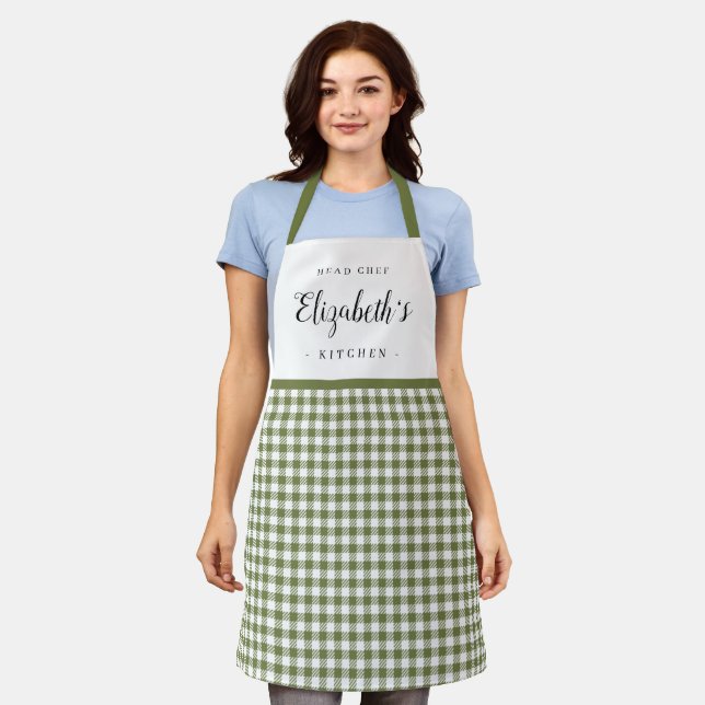 Grüner Gingham Karo personalisierte Küche Schürze (Getragen)