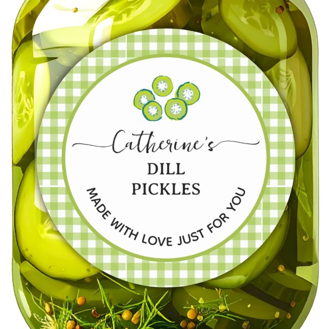 Grüner Gingham-Karostoff Selbstgemachte Dillgurke Runder Aufkleber (Von Creator hochgeladen)