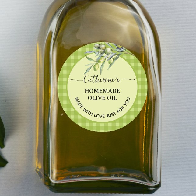 Grüner Gingham-Karostoff Selbstgemachtes Olivenöl Runder Aufkleber (Von Creator hochgeladen)
