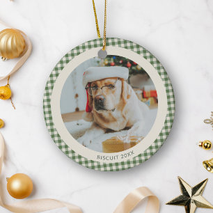 Grüner Gingham-Karree-Hund Foto Weihnachten Keramik Ornament
