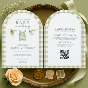 Grüner Gingham lokal angebaute QR-Code-Baby-Party- Einladung