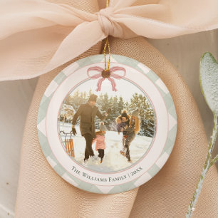 Grüner Gingham Mit Schleife Zwei Foto Weihnachten Keramik Ornament