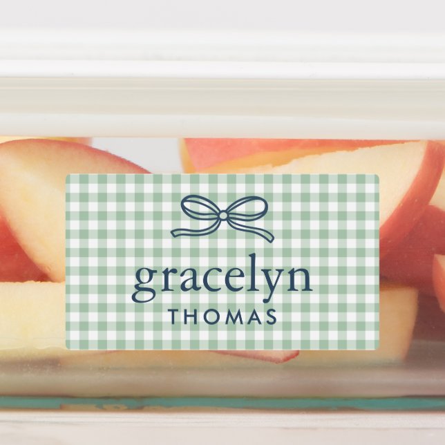 Grüner Gingham-Schleifen-Monogramm Etiketten (Befestigt)