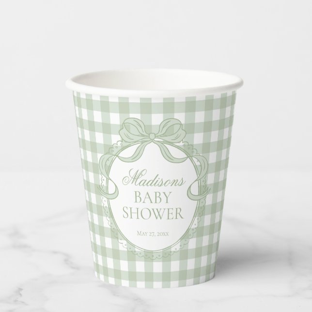 Grüner Gingham-Schmetterlings-Baby-Party Pappbecher (Vorderseite)