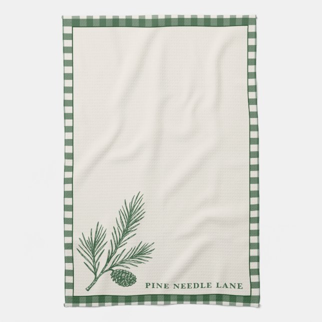 Grüner Gingham Tannenzapfen Weihnachten Geschirrtuch (Vertikal)