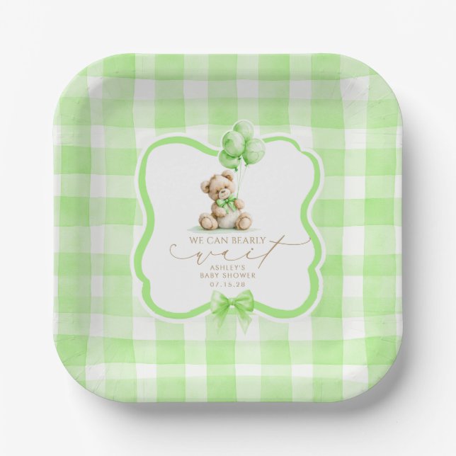 Grüner Gingham-Teddybär-Baby-Party Pappteller (Vorderseite)