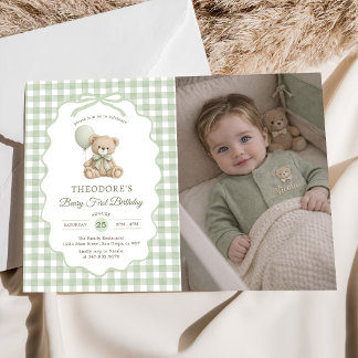 Grüner Gingham-Teddybär-Ballon-Geburtstagsfoto Einladung