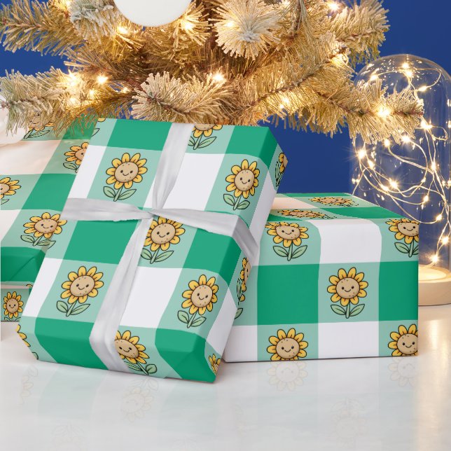 Grüner Gingham und gelbe Sonnenblumen Geschenkpapier (Feiertage)