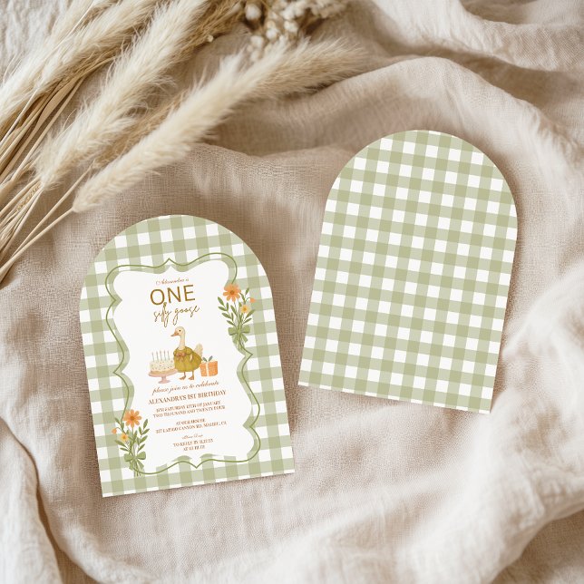 Grüner Gingham Verrückter Gans 1. Geburtstag Einladung (Von Creator hochgeladen)