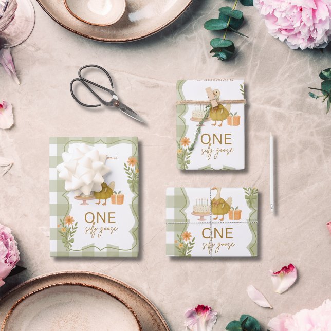 Grüner Gingham Verrückter Gans 1. Geburtstag Geschenkpapier Set (Von Creator hochgeladen)