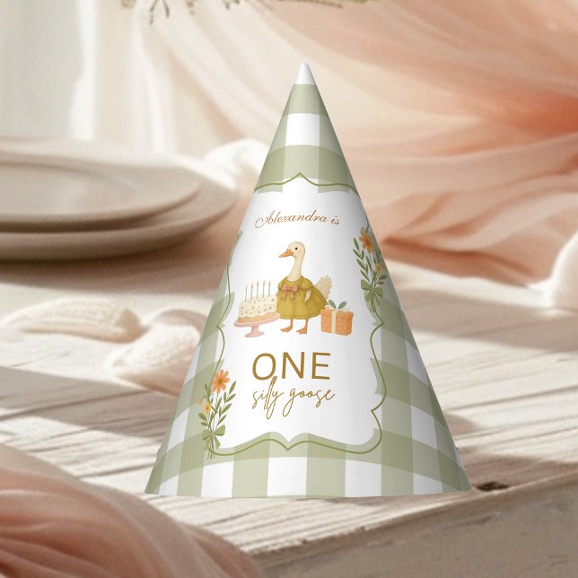 Grüner Gingham Verrückter Gans 1. Geburtstag Partyhütchen (Von Creator hochgeladen)