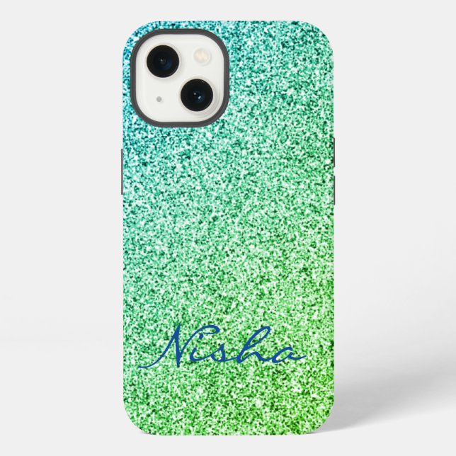 Grüner Glitter-Sparkle-Monogramm iPhone Hülle (Rückseite)