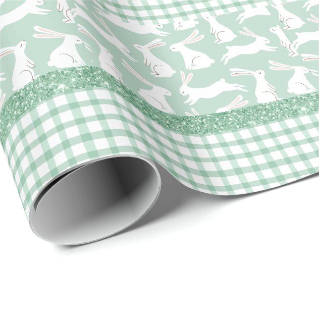 Grüner Glitzer Gingham Kariert Rabbits Geschenkpapier (Rolleneckpunkt)
