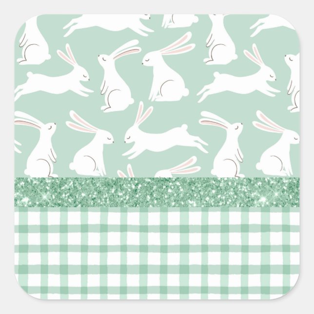 Grüner Glitzer Gingham Kariert Rabbits Quadratischer Aufkleber (Vorderseite)