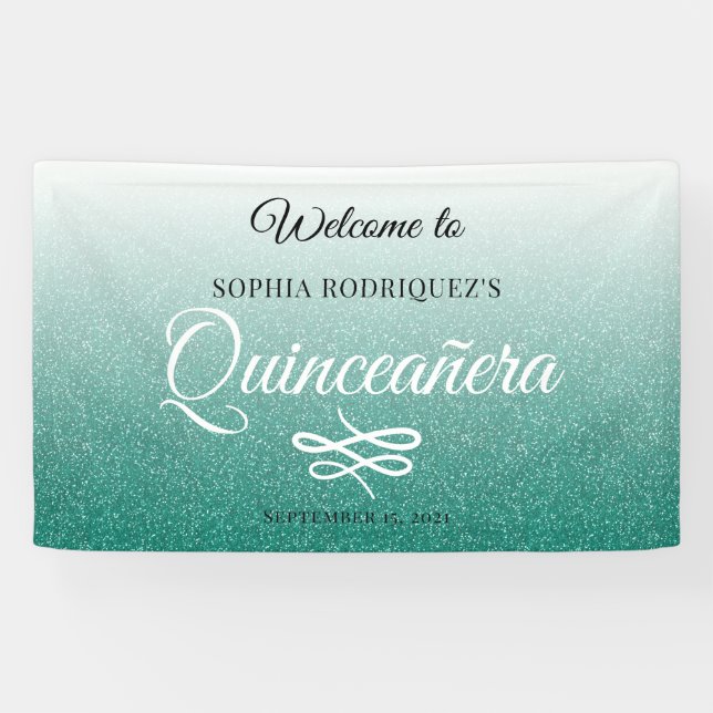 Grüner Glitzer Quinceañera 15. Geburtstag Willkomm Banner (Horizontal)