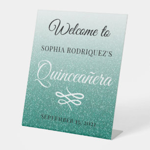 Grüner Glitzer Quinceañera 15. Geburtstag Willkomm Sockelschild