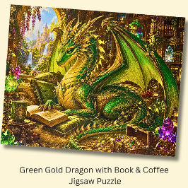 Grüner Goldener Drache mit Buch und Kaffee Puzzle
