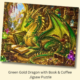 Grüner Goldener Drache mit Buch und Kaffee Puzzle