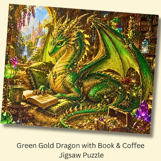 Grüner Goldener Drache mit Buch und Kaffee Puzzle