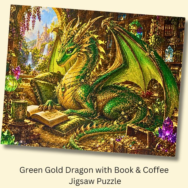Grüner Goldener Drache mit Buch und Kaffee Puzzle (Von Creator hochgeladen)