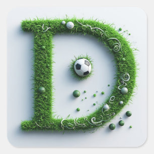 Grüner Gras-Buchstabe D-Topiaire mit Fußball Quadratischer Aufkleber