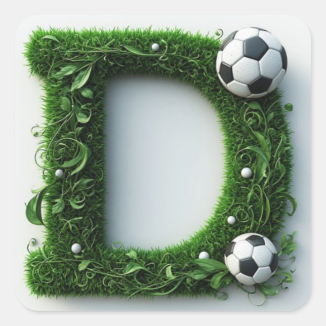Grüner Gras-Buchstabe D-Topiaire mit Fußball Quadratischer Aufkleber (Vorderseite)