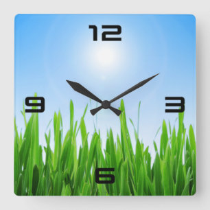 Grüner Grasgarten mit Blau Himmel Design Quadratische Wanduhr
