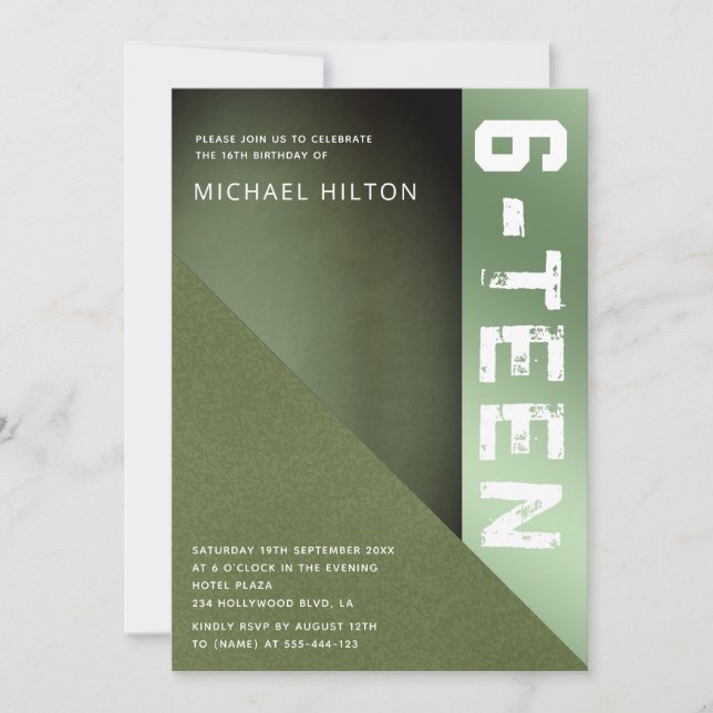 Grüner Grube Farbblock Junge 16 . Geburtstag invit Einladung (Vorderseite)