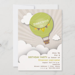 Grüner Heißluftballon und Wolken - Geburtstag der  Einladung