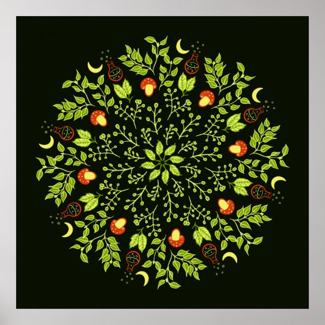 Grüner Hexentrank Pilz verlasse Pflanze Mandala Poster (Vorne)
