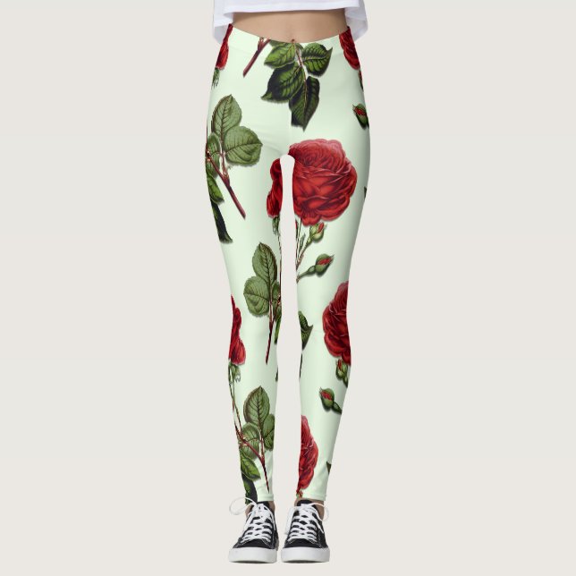 Grüner Hintergrund der Red Long Stem Rose Leggings (Vorderseite)