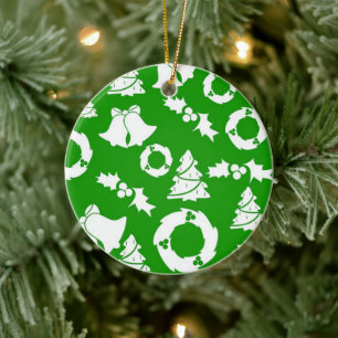 Grüner Hintergrund mit Glocken, Mistletoe und Baum Keramik Ornament