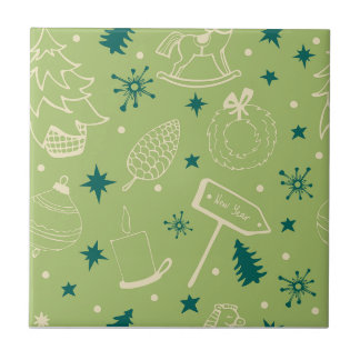 Grüner Hintergrund mit Weihnachtsbäumen, Schildern Fliese