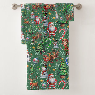 Grüner Hintergrund Weihnachtsdekorationsmuster Badhandtuch Set