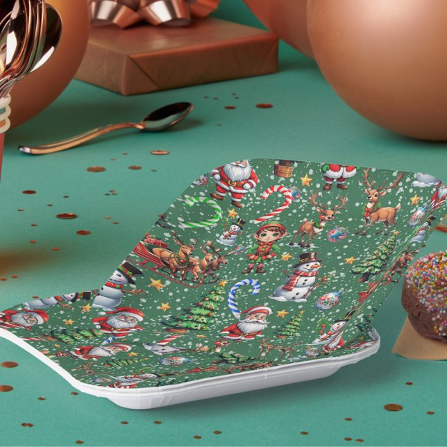 Grüner Hintergrund Weihnachtsdekorationsmuster Pappteller (Von Creator hochgeladen)