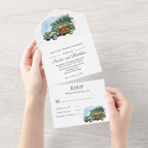 Grüner Holz Auto Baum Weihnachten Hochzeit im Vint All In One Einladung