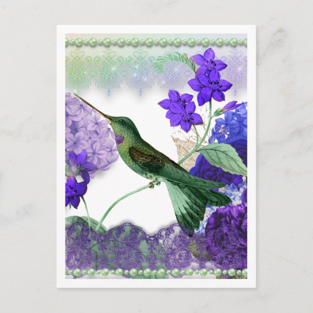 Grüner Hummingvogel mit Blume, Spitzen, Perlen Postkarte (Vorderseite)