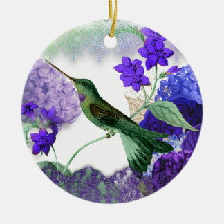 Grüner Hummingvogel, Stille Gebet, lila Blumen Keramik Ornament