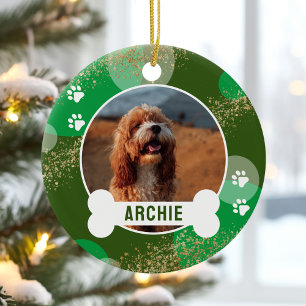 Grüner Hund Foto Knochen Name Weihnachten Keramik Ornament
