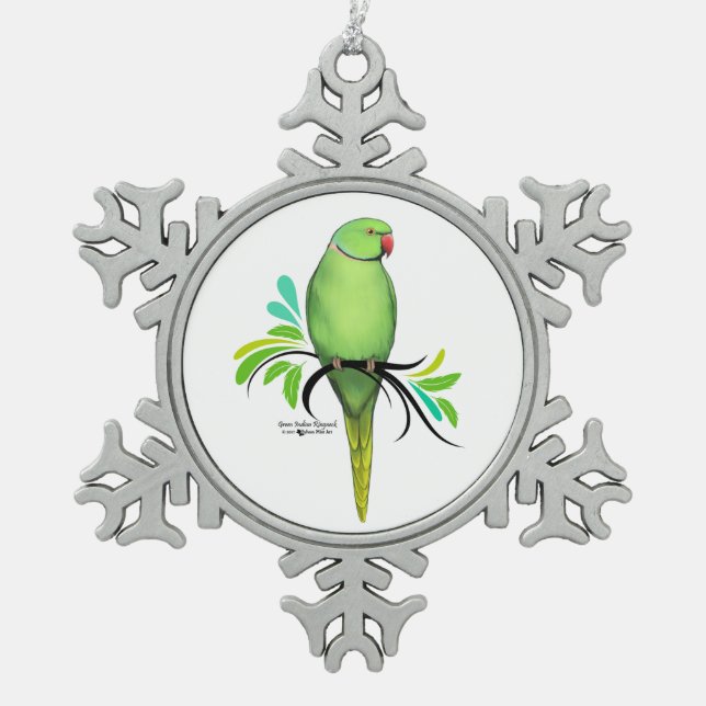 Grüner Inder Ringneck Papagei Schneeflocken Zinn-Ornament (Vorderseite)