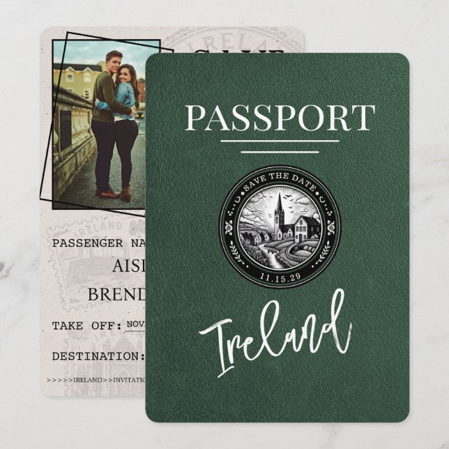 Grüner Irland-Passport Save The Date (Vorne/Hinten)