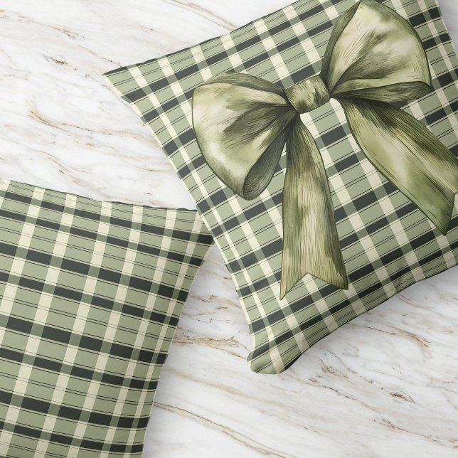 Grüner Karierter Bow Moderner Rustikaler Bauernhof Kissen (Green Plaid Bow Modern Rustic Farmhouse Olive Throw Pillow)
