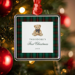 Grüner Karo-Teddybär Erstes Weihnachten Ornament Aus Metall