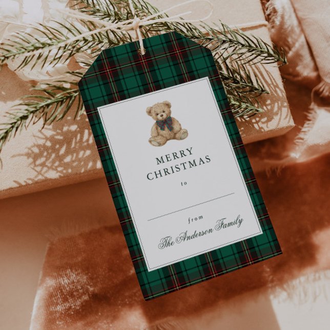 Grüner Karo-Teddybär-Weihnachtsfeier Geschenkanhänger (Von Creator hochgeladen)