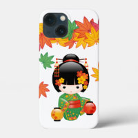 Grüner Kimono Kokeshi-Puppe mit Ahornblättern