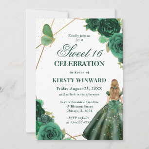 Grüner Kleid Blondine Blumen Sweet 16 Einladung